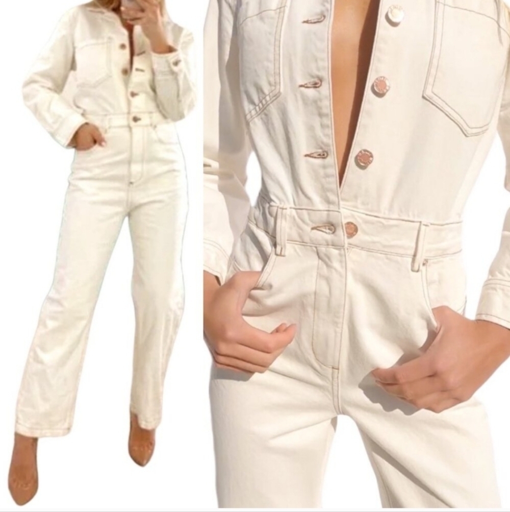 Cream Ecru Utility Button Front Long Sleeve Cotton Safari Style Jumpsuit Sz XS
